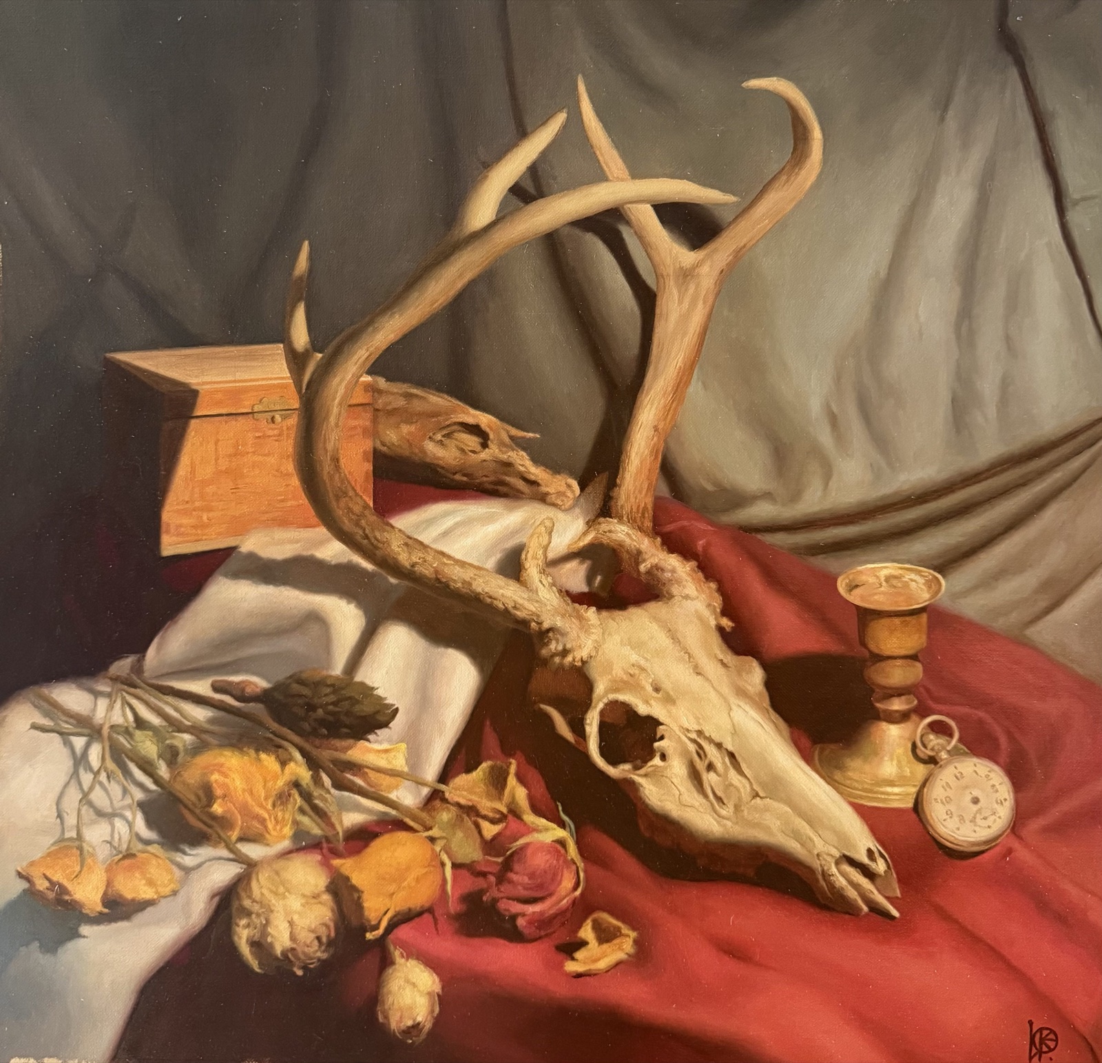 Still Life With Deer Skull - Vanitas classical realist oil painting by Karolina Zakharova (Fusion Art and CaRt26 award winner)